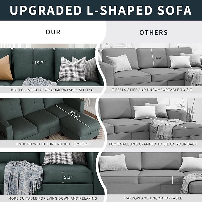 SUNLEI Convertible Sectional Couches for Living Room, L Shaped Couch with Movable Ottoman Storage, 3 Seat Small Couches for Living Room in Apartment, Linen Fabric, Dark Grey