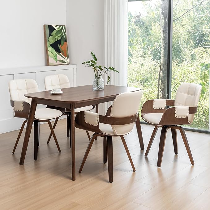 Set of 4 Swivel Dining Chairs - Mid Century Modern Dining Chairs with Arms and Curved Back, Faux Leather Bentwood, Versatile for Living Room/Reception/Conference Room/Kitchen/Desk (Walnut Beige)
