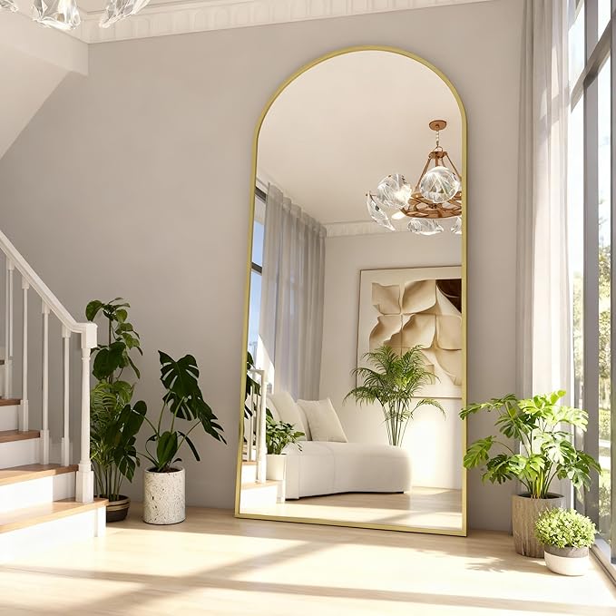 Arched Full Length Mirror,76" L x 34" W Floor Mirror, Aluminum Alloy Frame, Shatterproof Glass - Free Standing, Leaning or Wall Mounted for Bedroom, Living Room, Entryway, Modern Home (Gold)