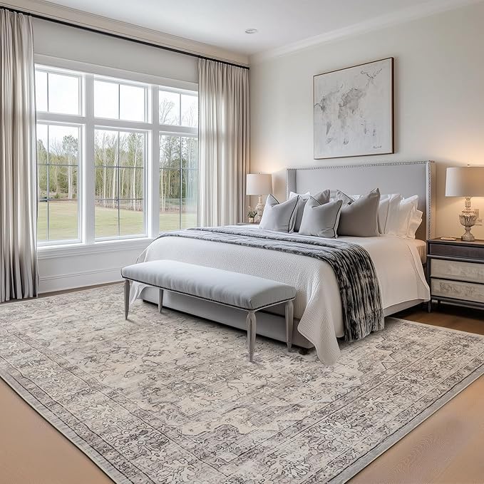 Neutral Grey 9x12 Large Rugs for Living Room Washable Modern Area Rugs Soft Faux Fur Low Pile Non Slip Stain Resistant Vintage Euro Floral Boho Medallion Carpet Rug for Bedroom Dining Room Family Room