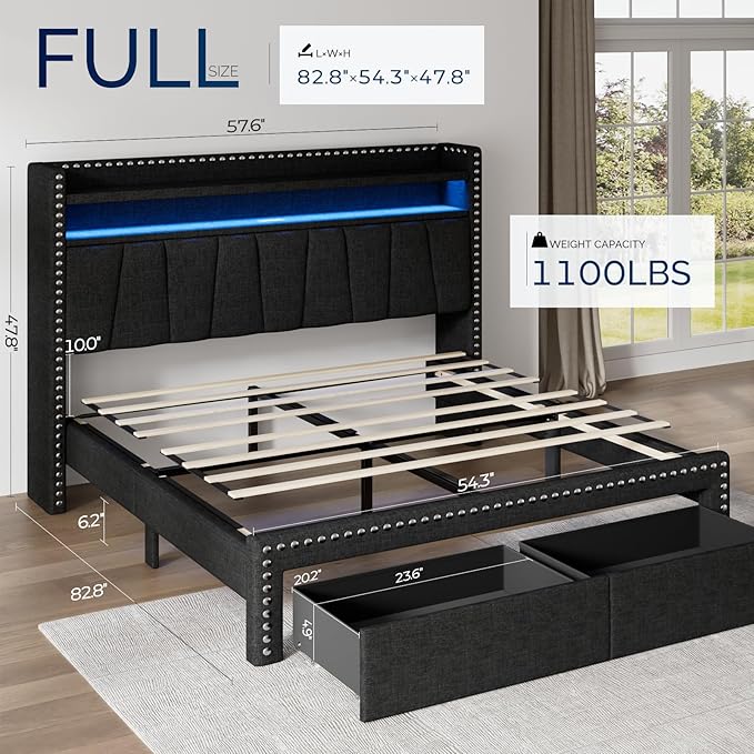 Full Size Bed Frame with Storage Headboard and Drawers Modern Rivets Upholstered Bed Frame with LED Charging Station Full Bedframe No Box Spring Needed