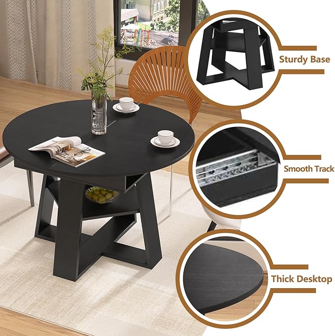 Round Dining Table for 4-8 People, 43.3"-59" Oval Dining Table Space Saving, Expandable Kitchen Table with Smooth Glide Mechanism Modern Design & Wood Base for Small Space (Black)