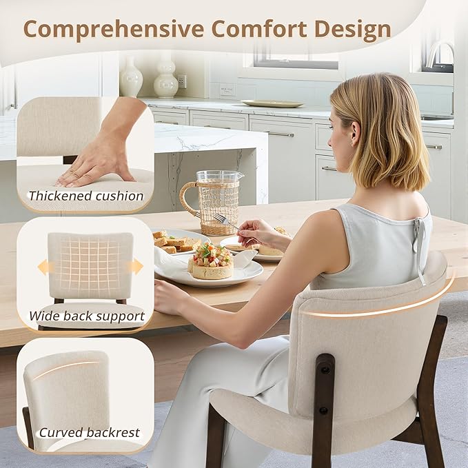 LUE BONA Wooden Dining Chairs Set of 4, Comfortable Wide Back Kitchen Side Chairs, Strong Thick Legs for Modern Farmhouse Dining Room, Linen Upholstered and Dark Brown Legs