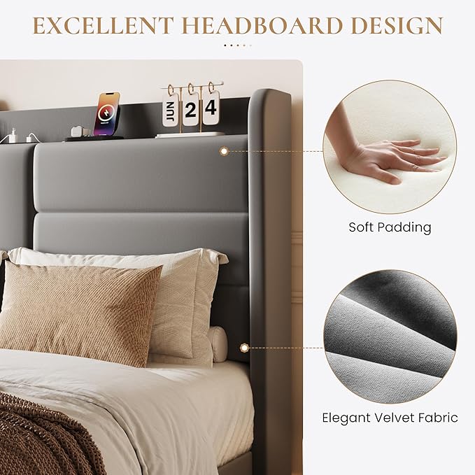 SHA CERLIN King Size Bed Frame with Charging Station & Storage Headboard, Velvet Platform Bed with Upholstered Modern Wingback Design, Wooden Slats Support, No Box Spring Needed, Easy Assembly, Grey