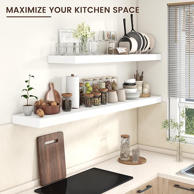 Floating Shelves for Wall, 55 Inch Wide x 12 Inch Deep Floating Shelves, Long Wood Floating Wall Shelf Shelves for Living Room Bathroom Bedroom Kitchen Home - (White, 55" W x 12" D x 2" H)