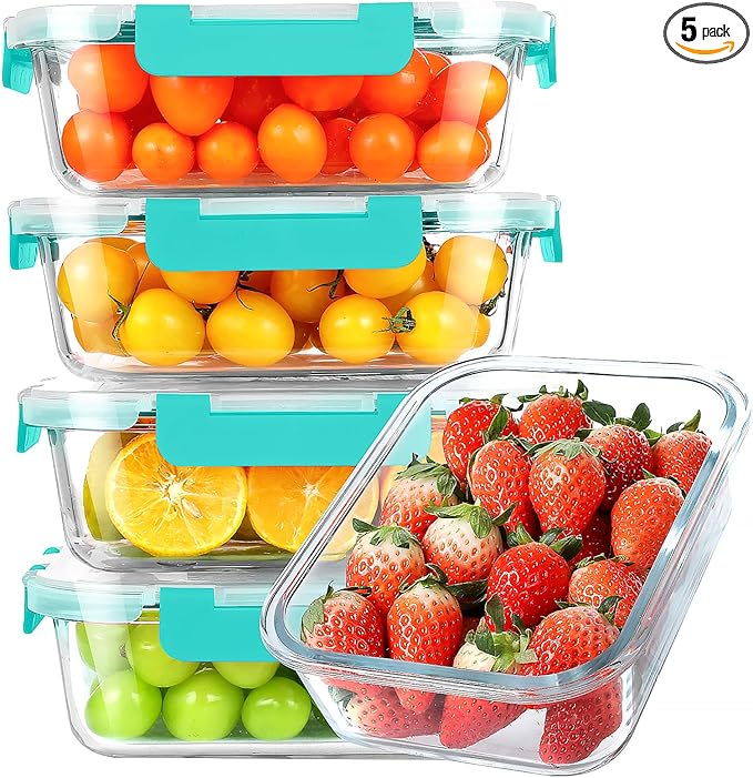 KOMUEE 30 oz 5 Pack Glass Meal Prep Containers, Glass Storage Containers with Lids - Dishwahser, Microwave, Oven and Freezer Safe, Green
