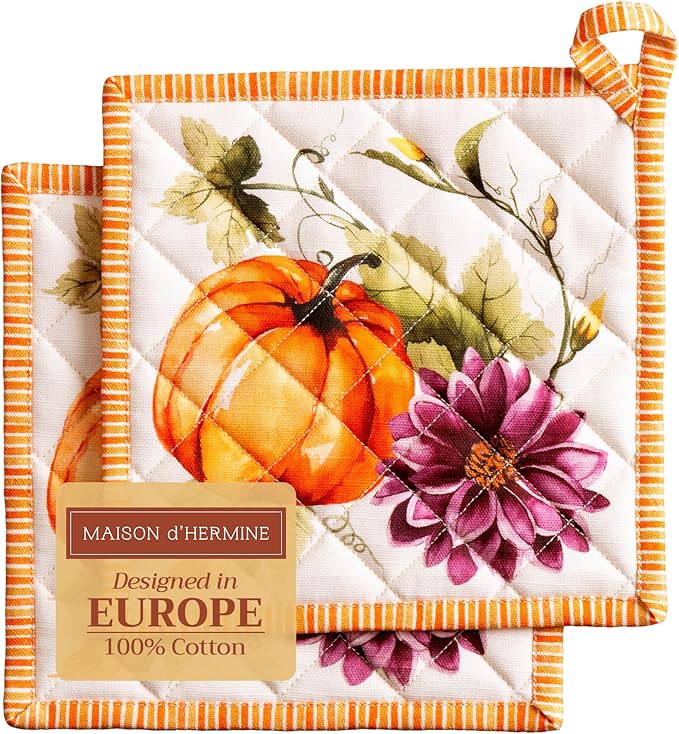 Maison d' Hermine Pot Holders Set 100% Cotton Heat Resistant Potholders 8" x 8" Hot Pads with Loop for Thanksgiving Christmas Decorations Handling Hot Pans (Pack of 2, Pumpkin Garden - Cloudy Cream)