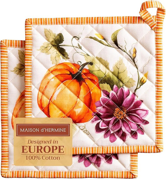 Maison d' Hermine Pot Holders Set 100% Cotton Heat Resistant Potholders 8" x 8" Hot Pads with Loop for Thanksgiving Christmas Decorations Handling Hot Pans (Pack of 2, Pumpkin Garden - Cloudy Cream)