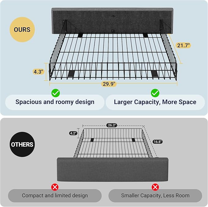 Allewie Upholstered King Size Platform Bed Frame with 4 Storage Drawers and Headboard, Diamond Stitched Button Tufted, Mattress Foundation with Wooden Slats Support, No Box Spring Needed, Light Grey