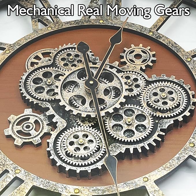 DORBOKER 27" Original Moving Gears Wall Clock, Large Industrial Wall Clock for Living Room Decor, Retro Metal Solid Wood Vintage Farmhouse Steampunk Rustic Clocks for Wall Decor,Brown Nanmu