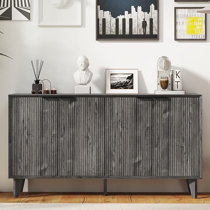Fluted Cabinet with Storage, Buffet Storage with 4 Doors, Buffet Sideborad Accent Cabinet with Adjustable Shelves for Living Room, Kitchen, Entry, Hallway, Black&Grey