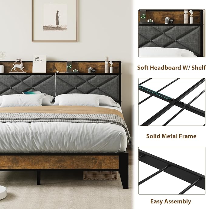IDEALHOUSE King Size Bed Frame with Storage Headboard, Platform Bed with Charging Station, Solid Metal Bed Frame, No Box Spring Needed, Easy Assembly