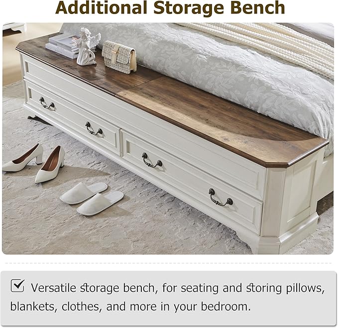 T4TREAM Farmhouse King Bed with Headboard and Storage Bench, Rustic Wood Platform Bed with 80" Storage Chest w/ 4 Large Drawer (Antique White)