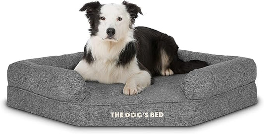 The Dog’s Bed Memory Foam Waterproof Corner Dog Bed, Large, Grey Linen, Eases Pet Arthritis & Hip Dysplasia Pain, Therapeutic & Supportive, Washable Linen Fabric Cover