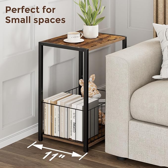 Side Table with Magazine Holder, Record Player Stand with LP Shelf, End Table for Living Room, Bedroom, or Bedside, Easy Assembly, 11" D x 16.9" W x 23.6" H, Rustic Brown