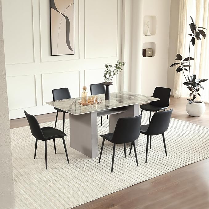 Black Leather Dining Chairs Set of 6, Mid Century Modern Faux Leather Kitchen & Dining Room Chairs, Comfortable Dinner Chair Kitchen Chair for Restaurant Living Room, Cafe, Home (6, Black)