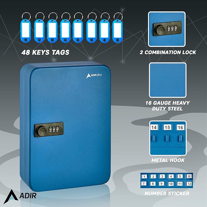AdirOffice Key Lock Box - 48 Hook Wall Mounted Key Cabinet Holder, Lockable Storage - Metal Organizer for Home and Office