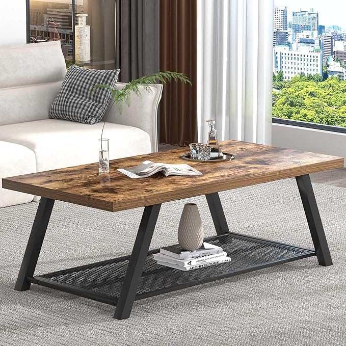 FOLUBAN 47 Inch Coffee Table, Industrial Wood and Metal Living Room Table with Storage Shelf, Rectangle Center Table, Rustic Brown