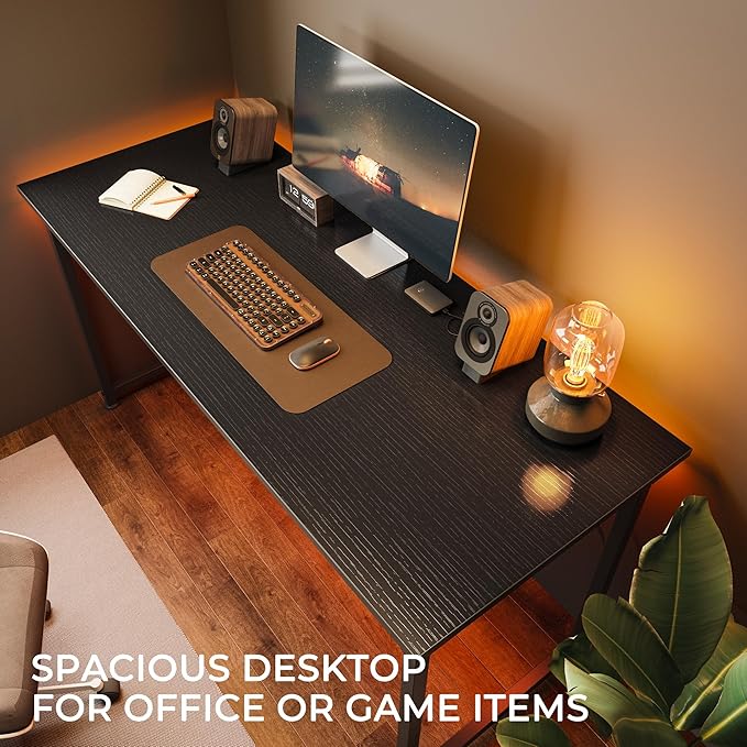 Huuger Computer Desk, 55 Inch Home Office Desk, Gaming Writing Work from Home Study Desk, Large Legroom, Sturdy Metal Frame, Modern Simple, Black