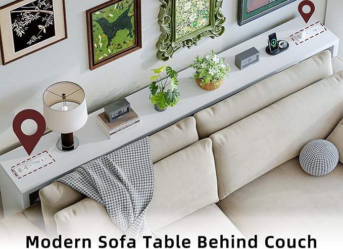 TIQLAB Sofa Table, 79''L x 9.1''W (1.2'' Thickness) Long Console Table Behind Couch, Entryway Table with Angled Metal Frame, Industrial Console Table, White