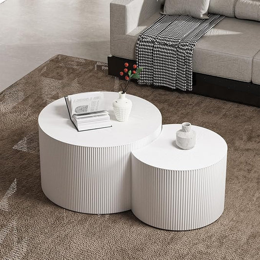 Round Nesting Coffee Table Set 2 Piece, Drum Modern Stackable Side Table for Living Room/Bedroom Small, Space-Saving Accent Furniture with Scratch-Resistant Design (A White 27.56 in)