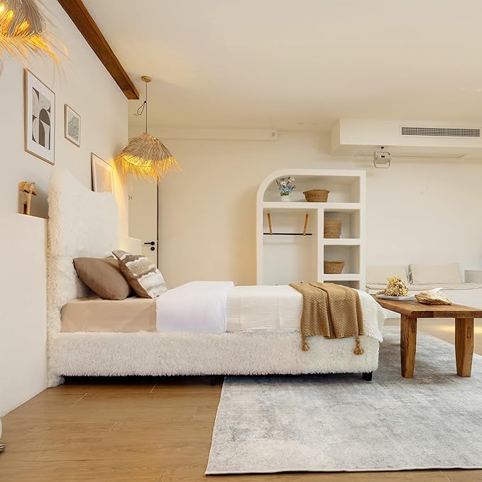 Brafab Twin Bed Frame with Headboard, Boho Fluffy Boucle Cloud Upholstered Platform Bed with Soft Rounded Corners and Wooden Slats, No Box Spring Needed, Noise Free, Easy Assembly, Beige