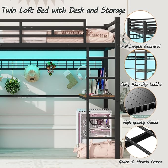 Loft Bed Twin Size with Desk, 8 Storage Drawers, Power Outlet, LED Metal Loft Bed with Storage Shelve, Bed with Safety Guardrail & Ladders,Space-Saving,Black