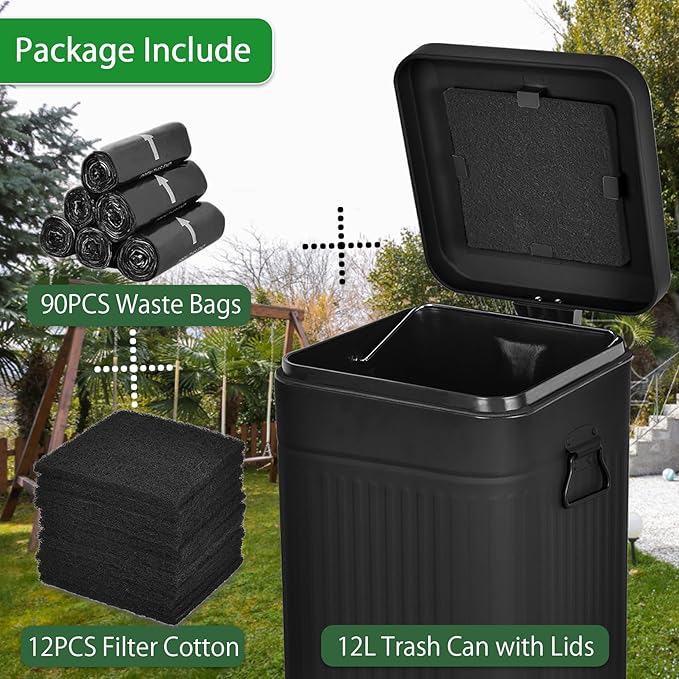 Dog Poop Trash Can with Lid for Outdoors，3.2 Gallon Trash Can with Activated Carbon Filter & Plastic Bags, Pet Waste Container，UP12L-BK-F+90BK