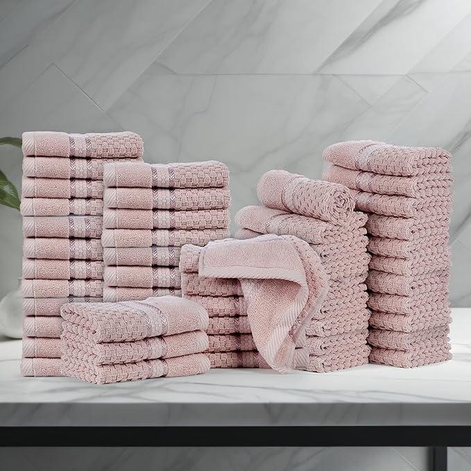 Ample Decor 100% Cotton Washcloths Set of 50 - Highly Absorbent, Popcorn Textured - Mulaayam Collection - Soft Pink 12 X 12 Inch