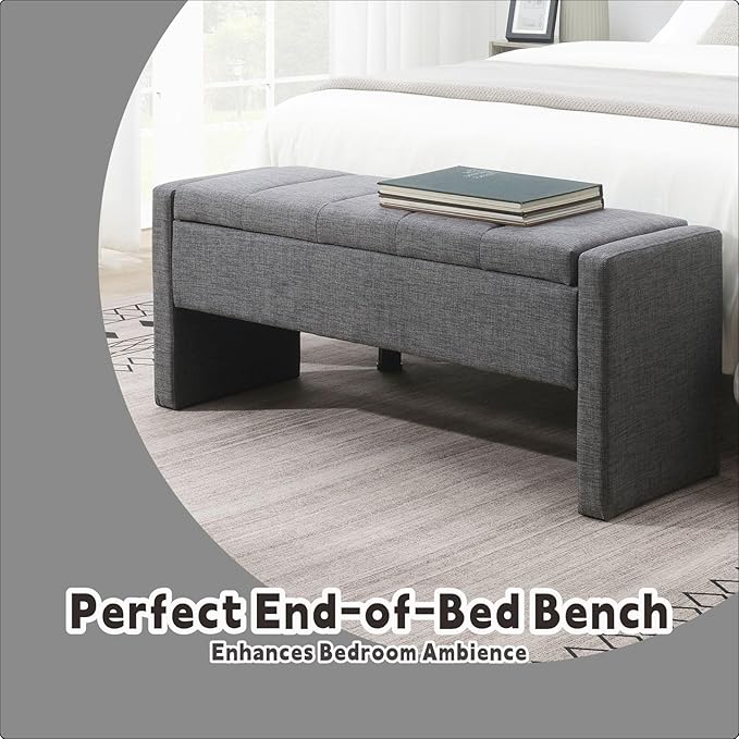 47.25'' Ottoman with Storage, End of Bed Storage Bench, Entryway Bench - Linen Upholstered Multi-Functional Footrest for Bedroom, Living Room, Dorm & Window Bench (Dark Grey)