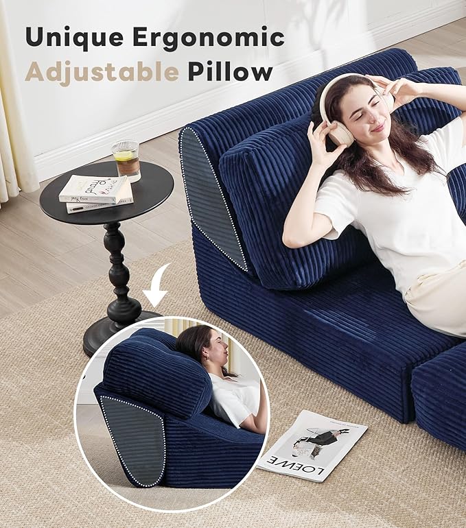 Tbfit Folding Sofa Bed, Convertible Sleeper Chair with Large Pillow, Corduroy Folding Couch Bed, Portable & Foldable Mattress Boneless Floor Sofa for Living Room, Bedroom, Office, Blue, Single