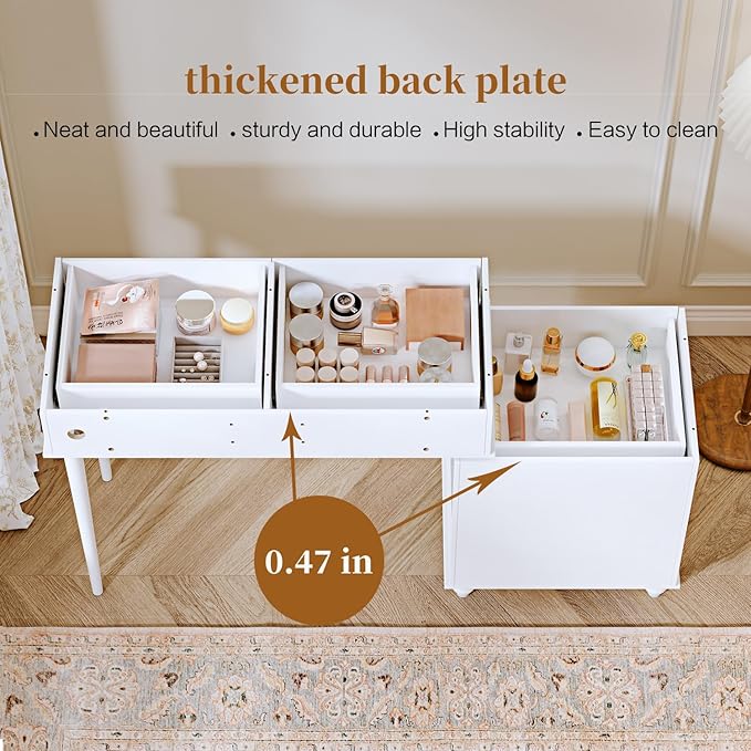 White,Vanity Desk with Mirror and Lights,Makeup Vanity with Power Outlet and Adjustable Cabinet,Modern Makeup Table with 3 Drawers for Bedroom Makeup Room