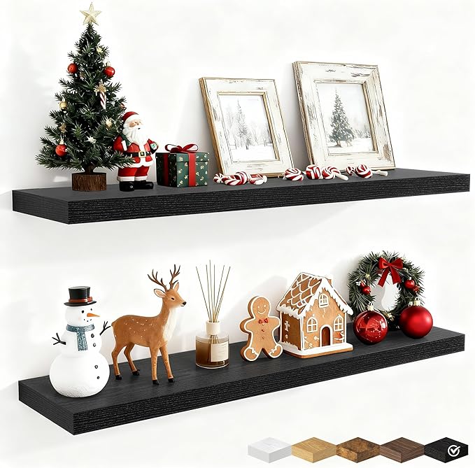 Fun Memories 40" Rustic Wood Floating Shelves with Invisible Brackets for Storage & Decor, Deep Wall Mounted Shelves for Bathroom, Kitchen, Living Room (Black, Set of 2)