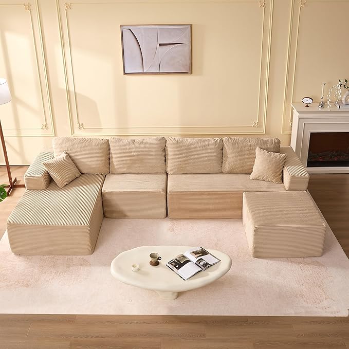 138" Boneless Couch with Deep Seat, Modular Sectional Sofa, Cloud Sectional Couch for Living Room, No Assembly Required, Corduroy, U-Shape 4 Seater Left, Camel