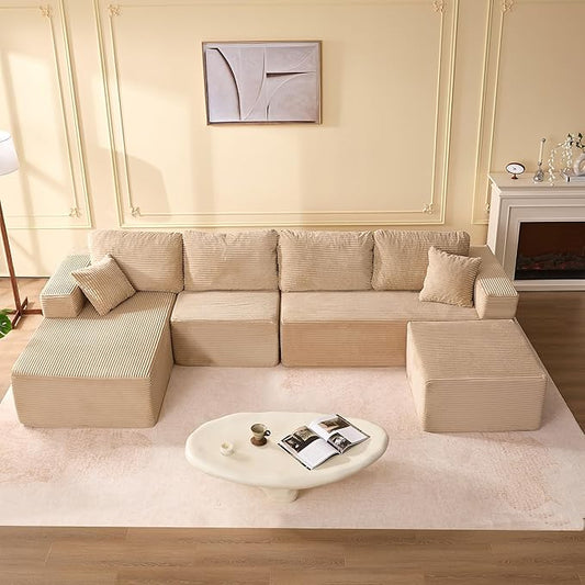 138" Boneless Couch with Deep Seat, Modular Sectional Sofa, Cloud Sectional Couch for Living Room, No Assembly Required, Corduroy, U-Shape 4 Seater Left, Camel