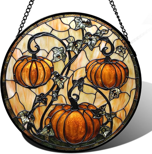 Stained Glass Window Hanging - Halloween Decoration Orange Pumpkin Vine Leaves Suncatcher for Door Garden Spooky Sun Catchers Gothic Decor Horror Gifts for Women Men Friend Boy Girl 15 in