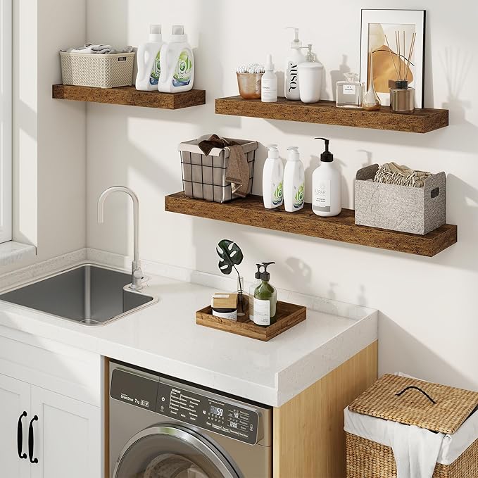 fuqing Floating Shelves for Wall, Wall Mounted Wood Floating Shelf with Invisible Brackets for Living Room, Bathroom, Bedroom, Kitchen Storage and Decor, 48 Inch Set of 2, Rustic Brown