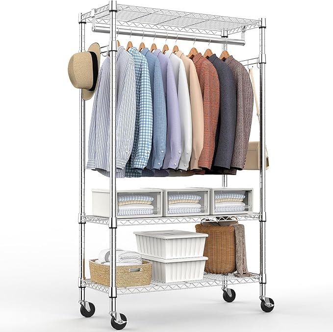 Heavy Duty Rolling Garment Rack 3 Tiers Adjustable Wire Shelving Clothes Rack with Rods and Side Hooks,Storage Closet Clothing Rack with Wheels Chrome 15.7" D x 29.5" W x 74.5" H