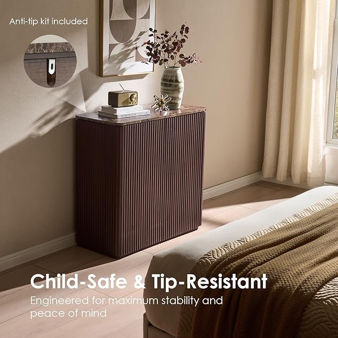 Fluted 2 Doors Sideboard Cabinet with Storage-Wooden Credenza w/Shelves, Faux Marble-Top Coffee Bar Console Table, Modern Buffet Cabinet for Dining, Kitchen, Living Room, Entryway, Dark Oak, 3pcs