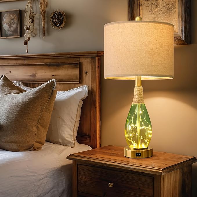 OYEARS 23" Table Lamps Set of 2,Farmhouse Lamps with Glass Nightlight, Bedside Lamps for Living Room, Rattan Lamps for Bedroom Nightstands, Two Light Points