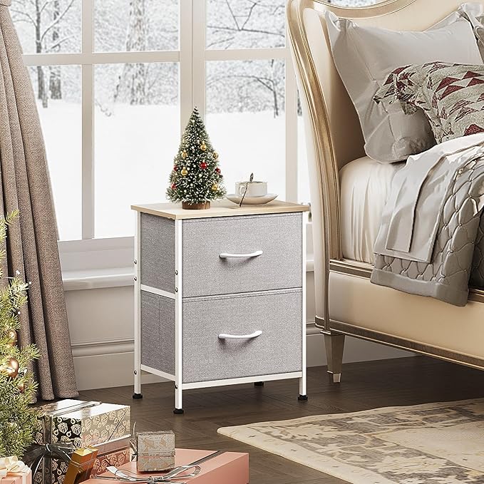 WLIVE Night Stand, Gray Nightstand with 2 Fabric Drawers, Small Dresser for Bedroom, Closet, College Dorm, End Table Side Furniture, Wood Top, Light Grey