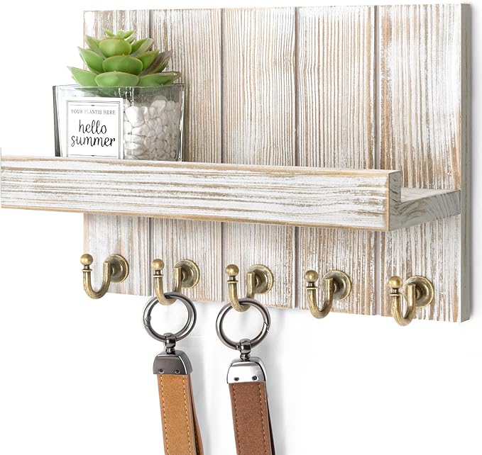 Rebee Vision Farmhouse Key Holder for Wall - Mail Organizer & Key Hanger for Wall - 5 Sturdy Key Hooks with Small Floating Shelf for Rustic Apartment Essentials (Natural Wood, 3.54"D x 10"W x 7.28"H)