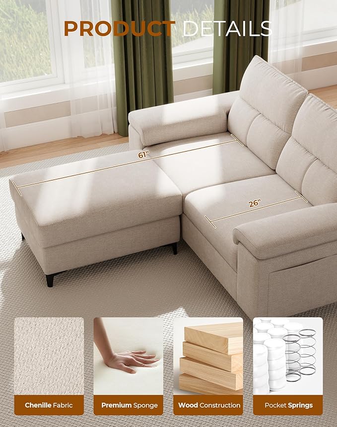 71.25" L Shaped Sectional Couches for Living Room, Deep Seat Sofa with Big Storage Ottoman & 8”Cushion, Comfy 2-Seater Chenille Loveseat, Convertible Armrest, Removable Cover for Small Space(Beige)