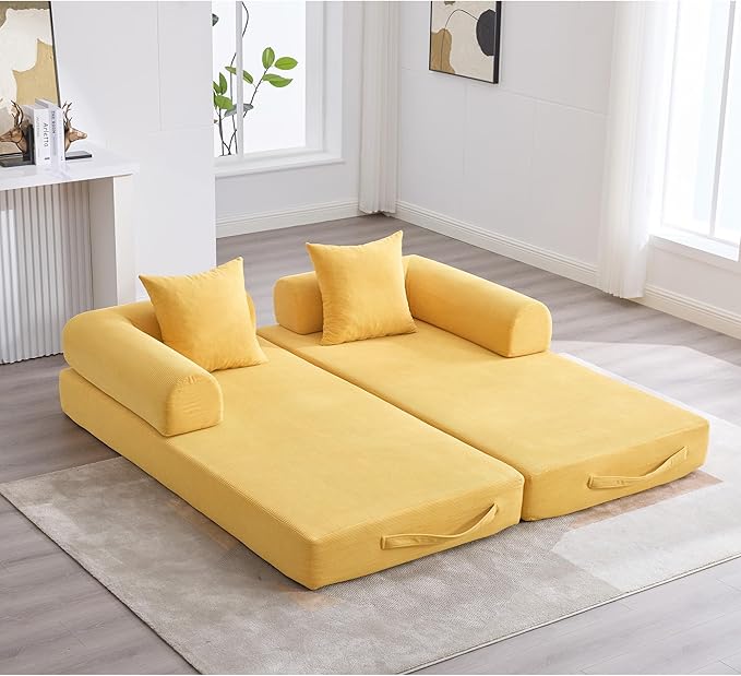 Convertible Sleeper Sofa Bed, Folding Floor Sofa Bed with Fixed-Shape Frame, Corduroy Floor Sleeper Sofa with Storage Pocket, Futon Boneless Sofa Couch for Living Room, Yellow