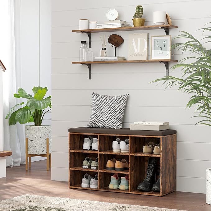 DINZI LVJ Long Wall Shelves, 39.4Inch Wall Mounted Shelves Set of 4, Extra Large Floating Storage Ledges with Sturdy Metal Brackets for Living Room, Bathroom, Bedroom, Kitchen, Rustic Brown