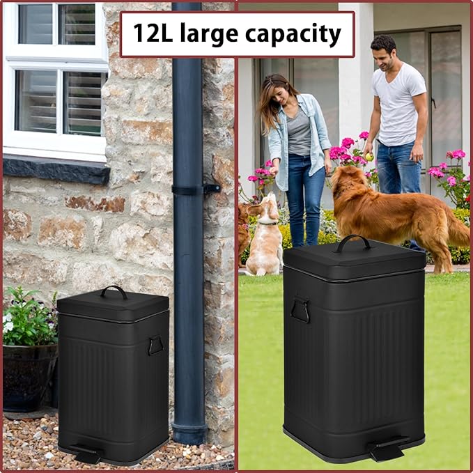 Dog Poop Trash Can with Lid for Outdoors，3.2 Gallon Trash Can with Activated Carbon Filter & Plastic Bags, Pet Waste Container，UP12L-BK-F+200BK