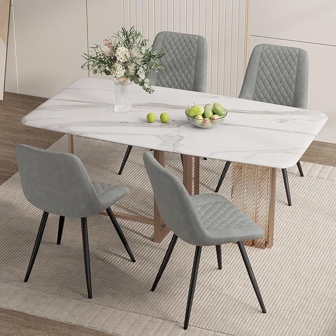 Modern Dining Chairs Set of 4, Quality Faux Leather Upholstered Dining Chairs with Metal Legs, Dinner Chairs for Dinning Room Kitchen, Grey