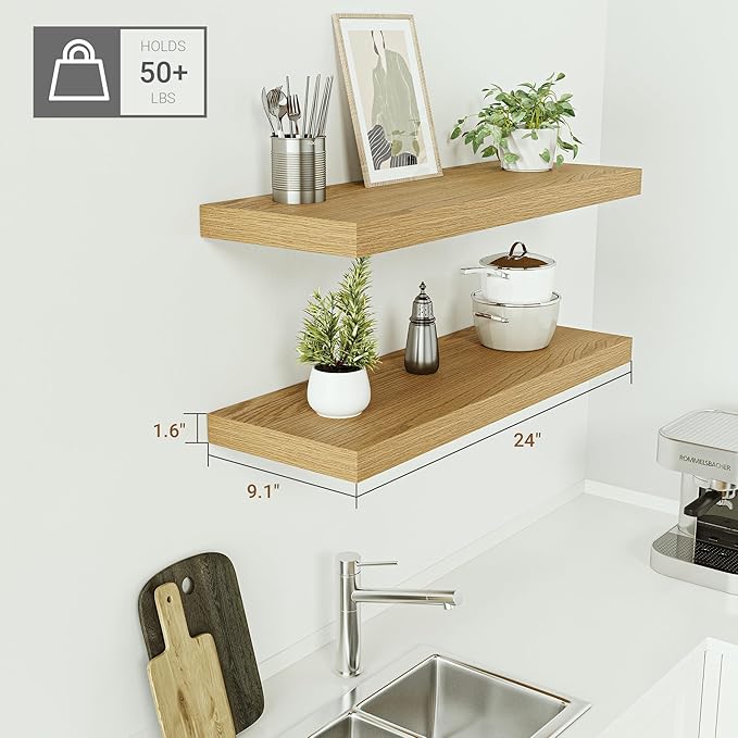 Vivelove Oak Floating Shelves 24 inchs Long, 9.1” Deep Bathroom Shelves Wall Mounted for Bedroom, Living Room, Kitchen, Office, Rustic Home Decor, Wall Shelves with Invisible Brackets, Set of 2