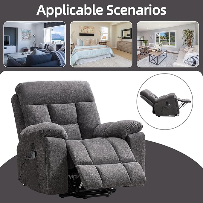 CANMOV Large Power Lift Recliner Chair with Massage and Heat for Elderly Big and Tall People, Overstuffed Wide Recliners with 2 Cup Holders, Side Pocket and USB Port, Dark Grey