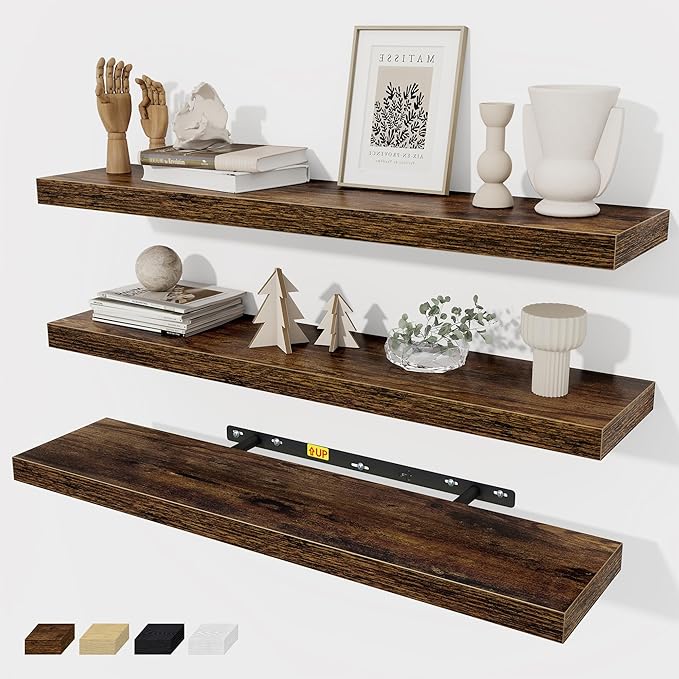 Floating Shelves Wall Shelf 30 Inch Long, Rustic Wood Bathroom Shelves 30 Inch, Farmhouse Home Decor Kitchen Living Room Bedroom Shelves Wall Mounted, 30 x 6.7 x 1.4 Inch, Set of 3, Rustic Brown